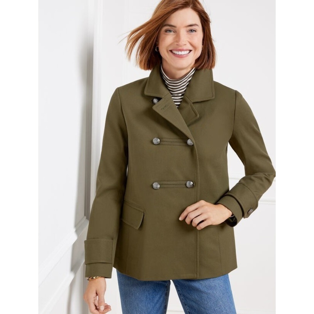 New TALBOTS Womens ‎ Military Peacoat  in Olive Green Size L Heavy Cotton Travel